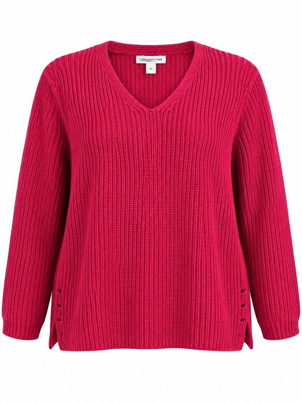 COLDWATER CREEK | Red Cotton Ribbed V-Neck Holiday Sweater Side Slits | XL